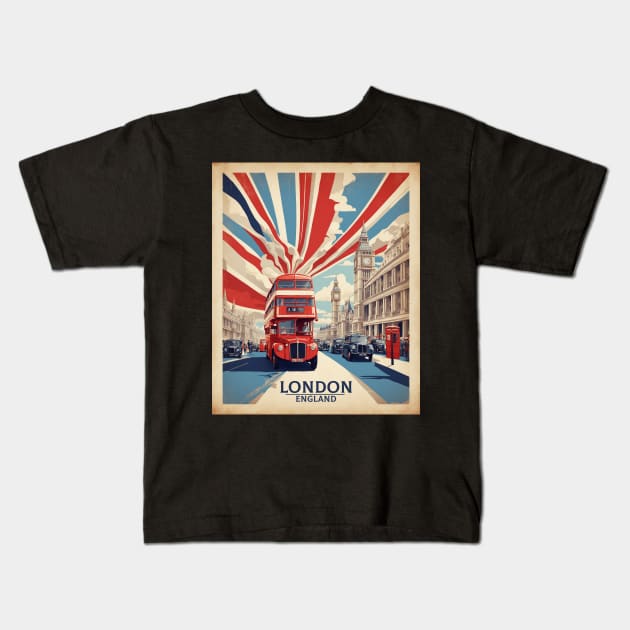 London England Double Decker Bus Vintage Travel Tourism Kids T-Shirt by TravelersGems